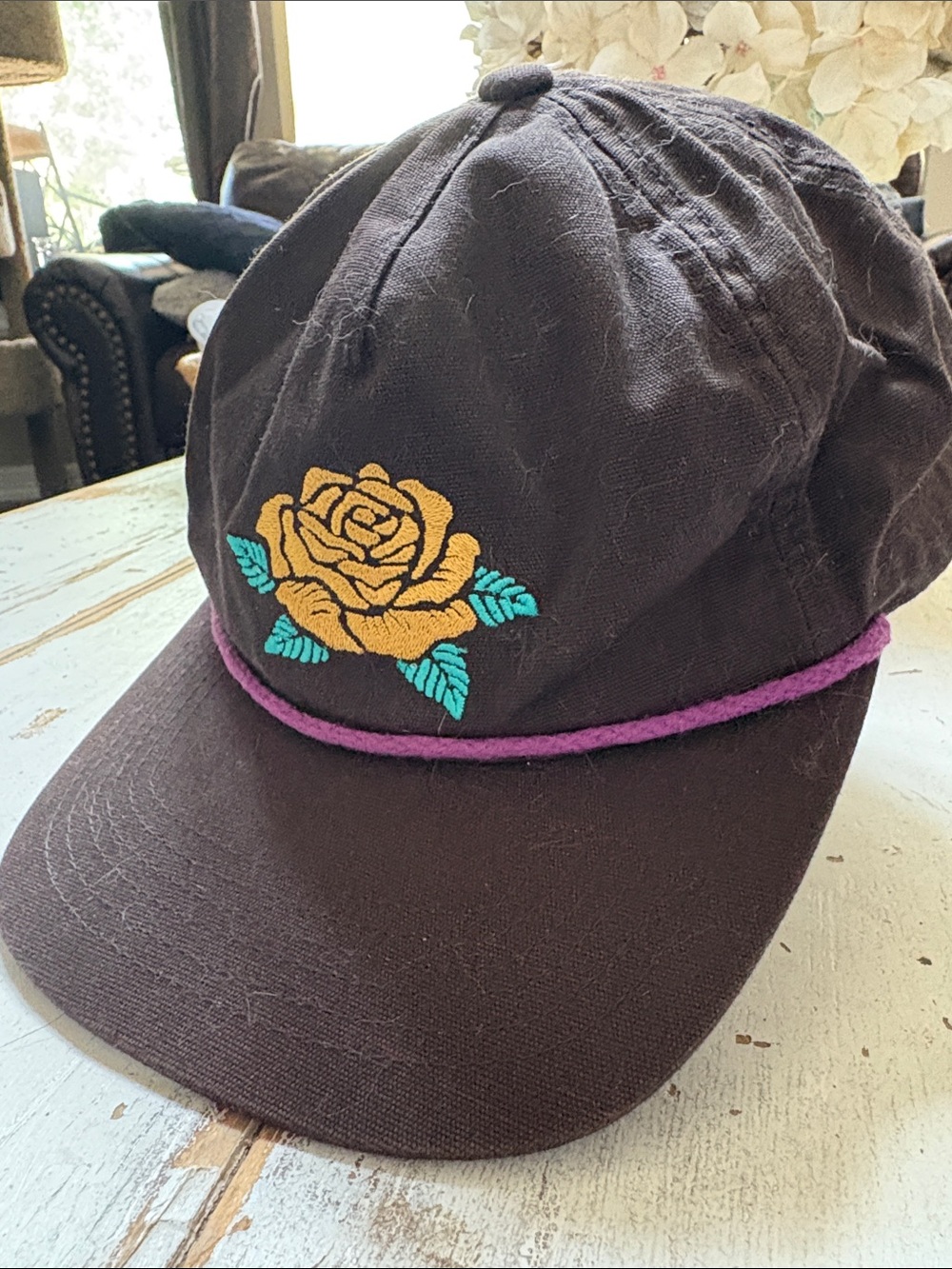 Howler Brothers Black Kids Hat with Yellow Rose and Teal Leaves